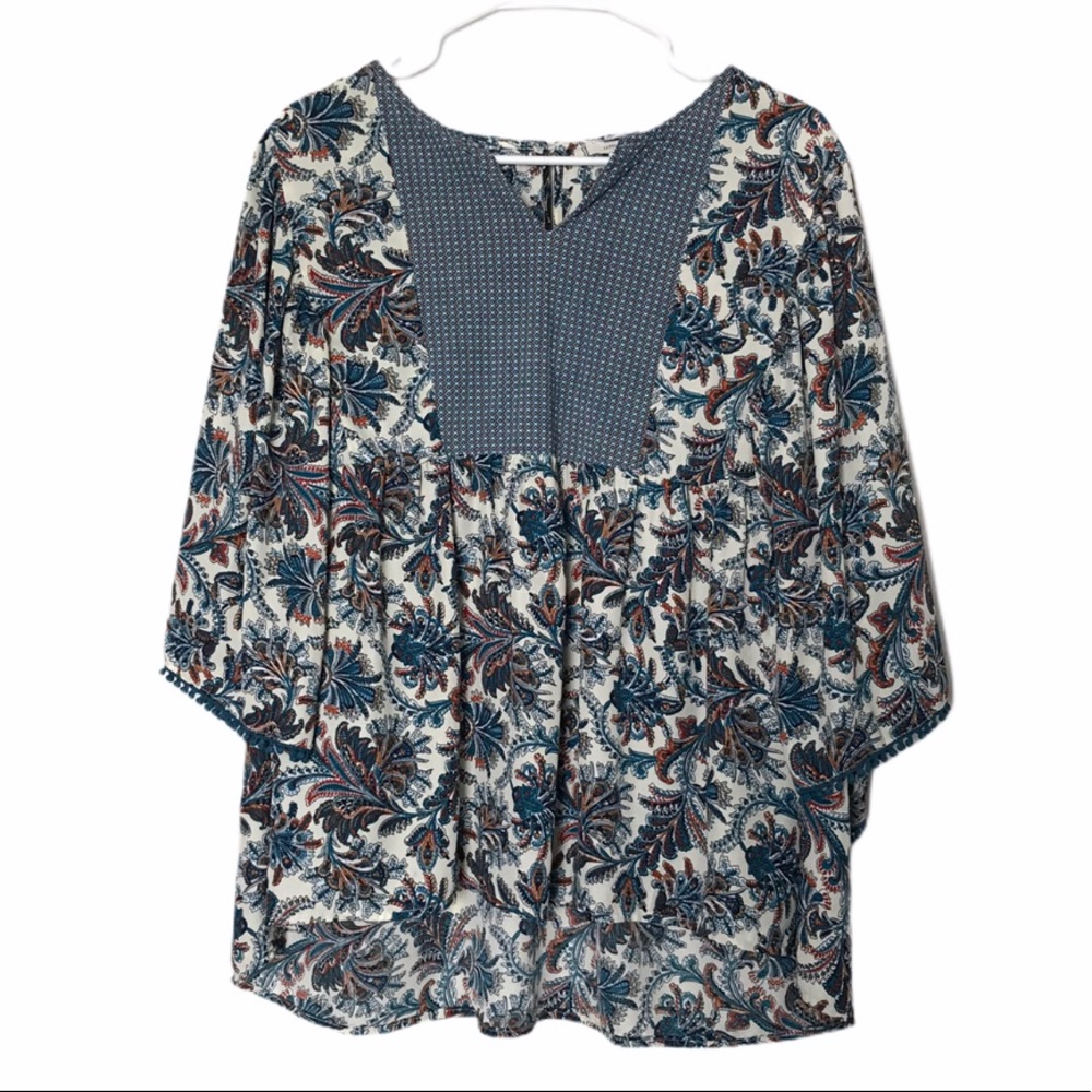 Umgee Top Green Floral Boho Slit sleeve top Size L